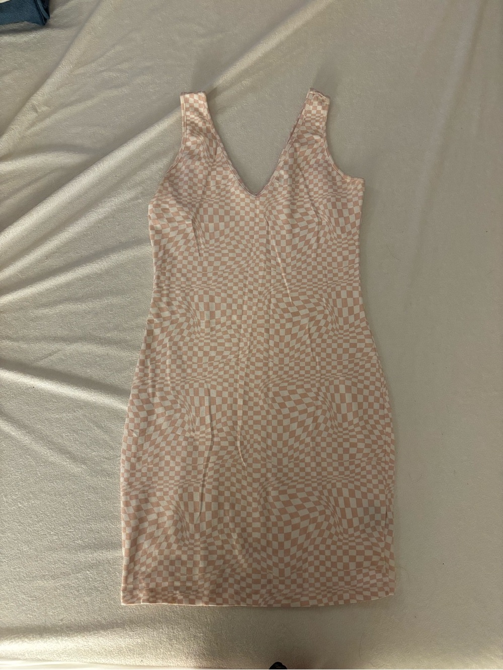 Sleeveless Pink Checkerboard Mini Dress with V-Neck